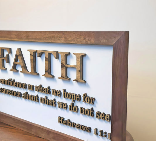 Decorative sign with 'FAITH' definition in a wooden frame on a light background
Handcrafted exotic wood Faith sign – 24x12 scripture wall art with laser-cut letters”
Rustic Christian home décor – wooden wall sign with natural wood frame