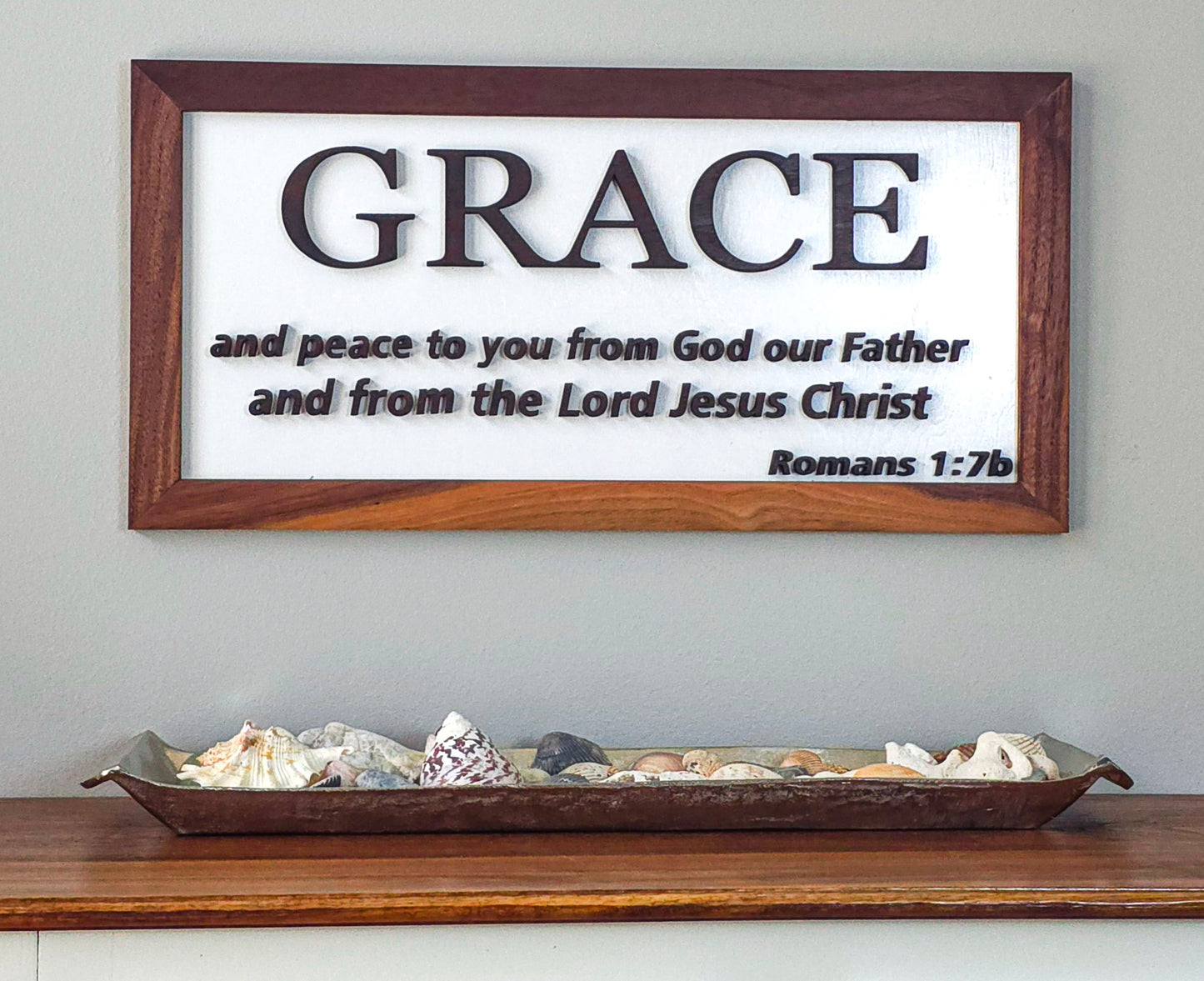Grace scripture wall sign – handmade exotic wood frame with laser-cut wood letters

Rustic Grace wood sign – handcrafted Christian wall art for home décor