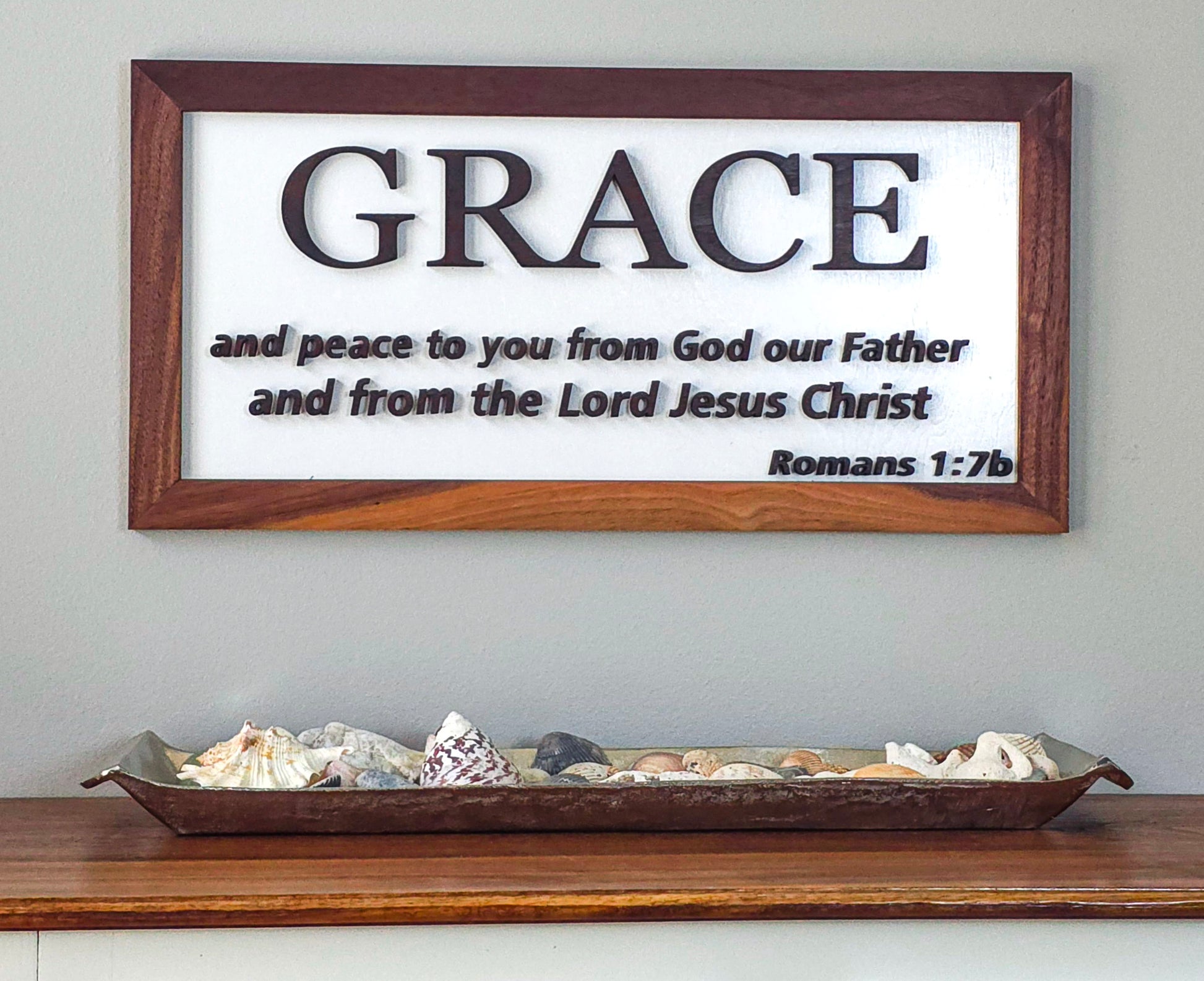 Grace scripture wall sign – handmade exotic wood frame with laser-cut wood letters

Rustic Grace wood sign – handcrafted Christian wall art for home décor