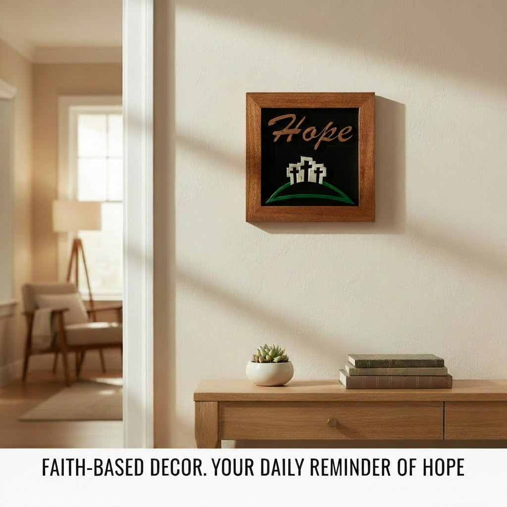 “Hope” Wall Sign – Reclaimed Barnwood Crosses (African Mahogany Frame)