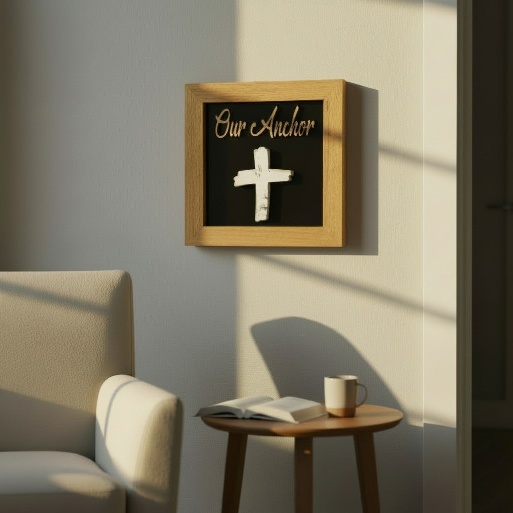 “Our Anchor” Wall Sign – Reclaimed Barnwood Cross (Quarter Sawn Oak Frame)