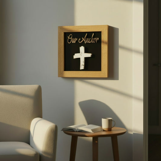 “Our Anchor” Wall Sign – Reclaimed Barnwood Cross (Quarter Sawn Oak Frame)