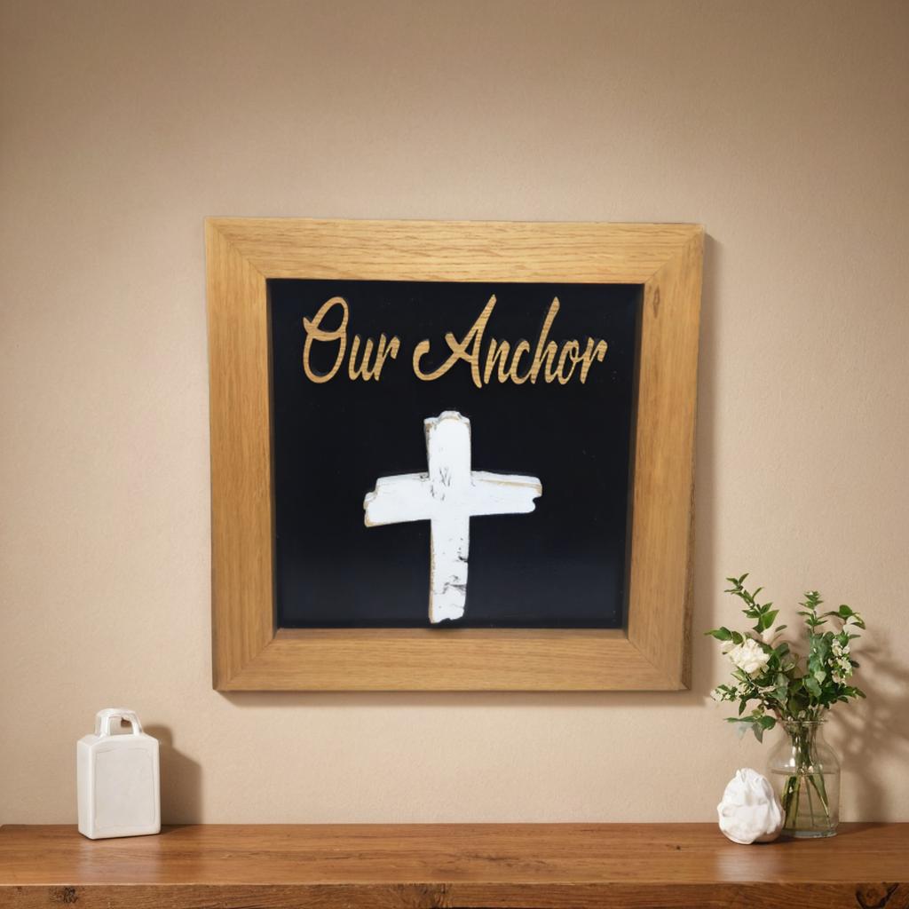 “Our Anchor” Wall Sign – Reclaimed Barnwood Cross (Quarter Sawn Oak Frame)