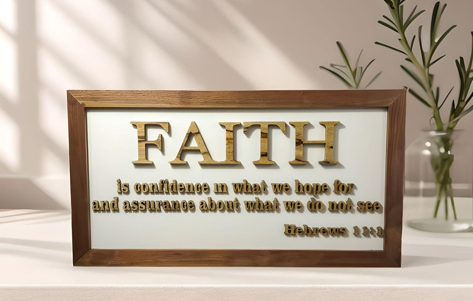 Decorative sign with 'FAITH' definition in a wooden frame on a light background
Handcrafted exotic wood Faith sign – 24x12 scripture wall art with laser-cut letters”

Rustic Christian home décor – wooden wall sign with natural wood frame